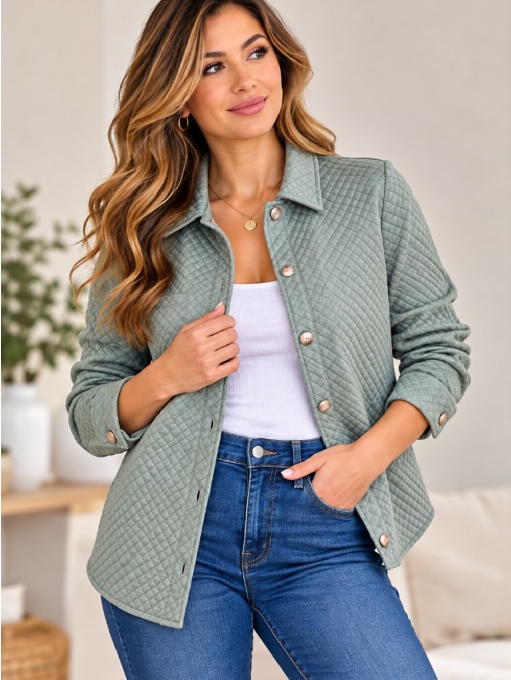 J.Jill Sage Green Quilted Button Front Jacket Size Small